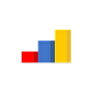 Three vertical bars in a bar chart with increasing heights colored red, blue, and yellow from left to right.