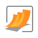 Stylized illustration of three orange sheets or pages arranged in a fan shape inside a rounded square frame.