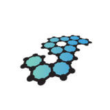 3D network of hexagonal shapes in teal and blue forming a connected pattern on a black background.