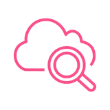 Pink outlined cloud with a magnifying glass overlapping it, symbolizing cloud monitoring or search.