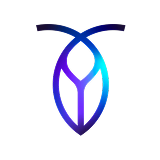 Abstract blue and purple gradient icon resembling a stylized insect or cockroach.