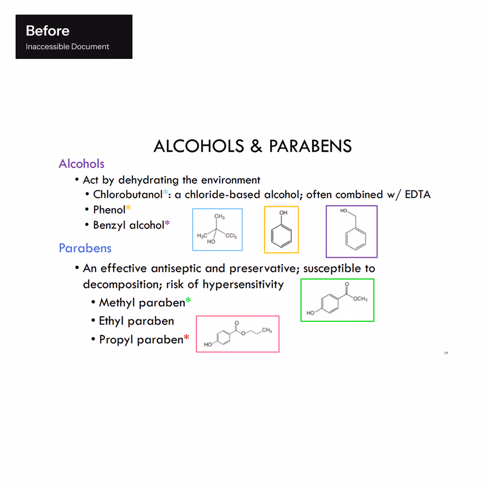 Before remediation: a slide-style PDF page on alcohols and parabens, with loose text and chemical structure images and no tags.