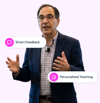 Man in glasses and a dark blazer gestures while talking, with labels for smart feedback and personalized teaching.