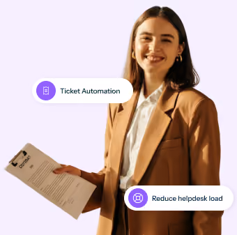 Smiling woman in brown blazer holding clipboard with labels: Ticket Automation, Reduce helpdesk load.