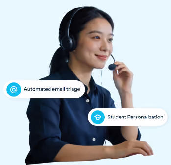 Woman with headset smiling, with labels Automated email triage and Student Personalization.