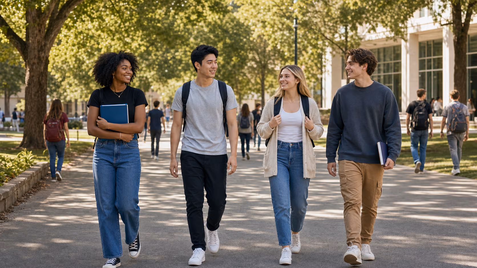 Four college students carrying books and backpacks walk together on a sunny, tree-lined campus while chatting and smiling.