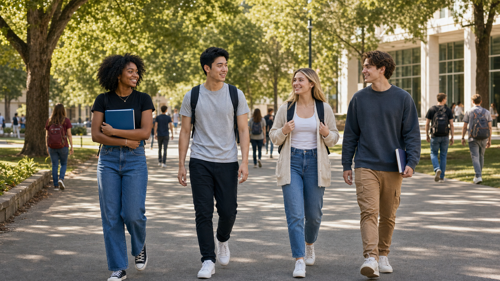 Four college students carrying books and backpacks walk together on a sunny, tree-lined campus while chatting and smiling.