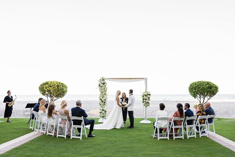 Wedding ceremony setup in a park with a large tree at the center, a decorative arch, and guest seating arranged around it.