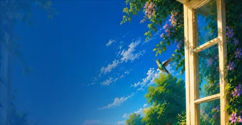 Hummingbird flying near an open window amid green trees and purple flowers under a bright blue sky.