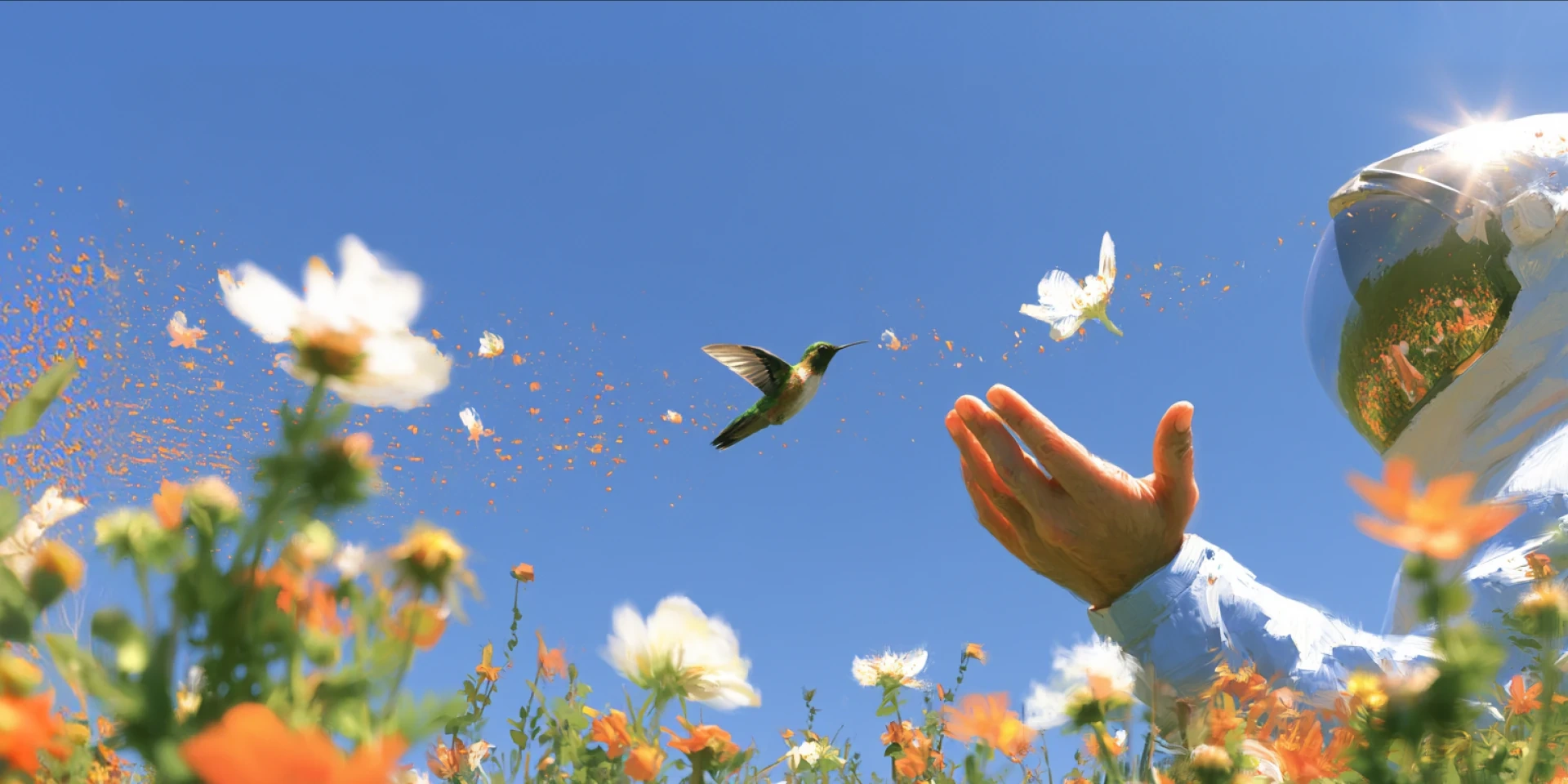 A painted field of flowers under a blue sky, with a hand reaching toward a hummingbird.