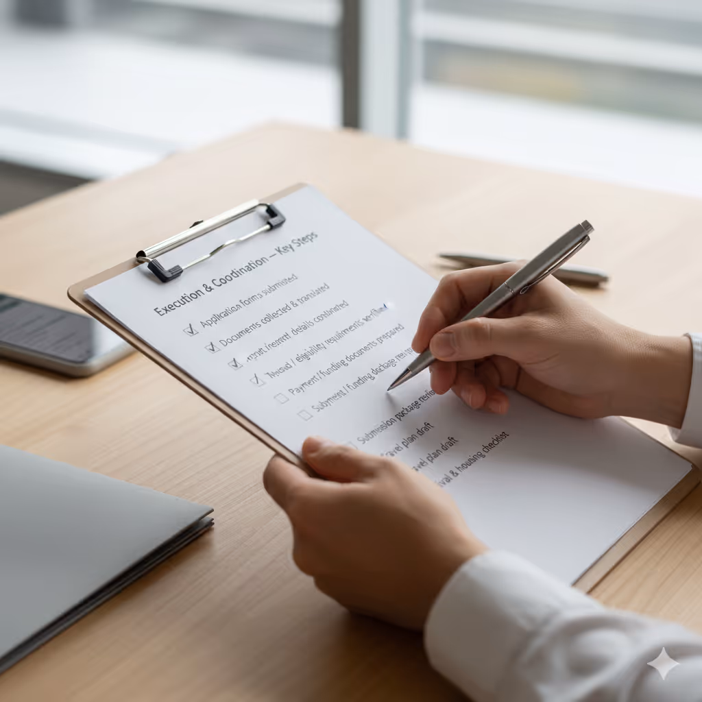 Person holding a clipboard and marking a checklist titled 'Execution & Coordination - Key Steps' with some items checked off.
