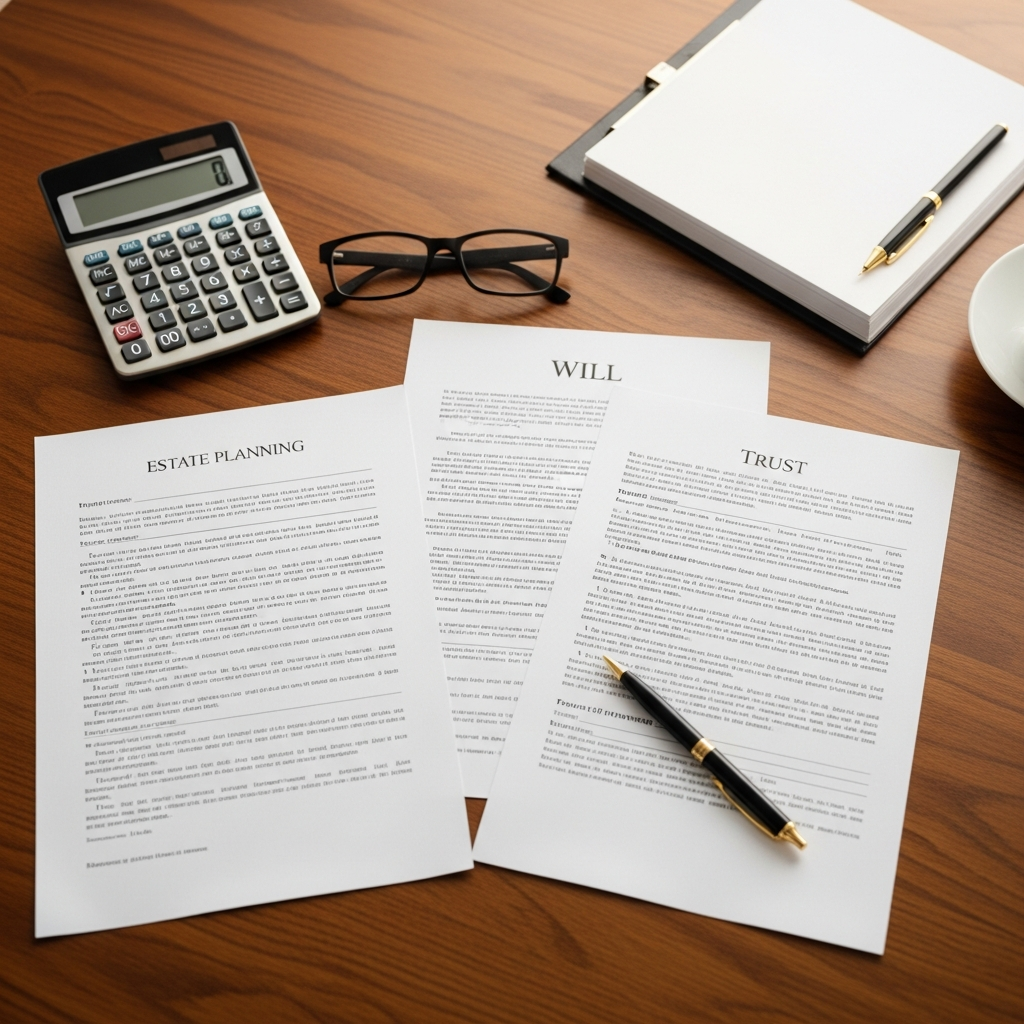 A professional desk scene showing estate planning documents and legal paperwork spread out on a wooden table, with a calculator, reading glasses, and a pen nearby. The composition should feel organized and methodical, shot from a natural overhead angle with warm, natural lighting. The scene should convey careful financial planning and legal documentation work in a sophisticated, photojournalistic style. No text or numbers should be visible on any documents.