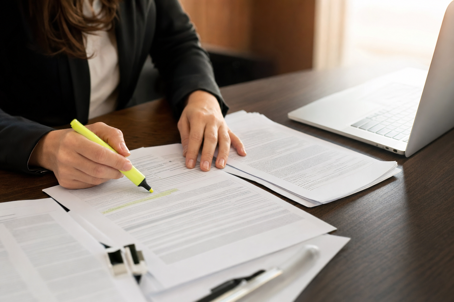 A clean, professional photograph showing someone's hands holding a highlighter over legal documents and beneficiary forms spread across a dark wooden table, with a laptop partially visible in the background, photojournalistic style, warm natural window light, thoughtful and careful atmosphere, mid-action shot from natural human vantage point, real office environment