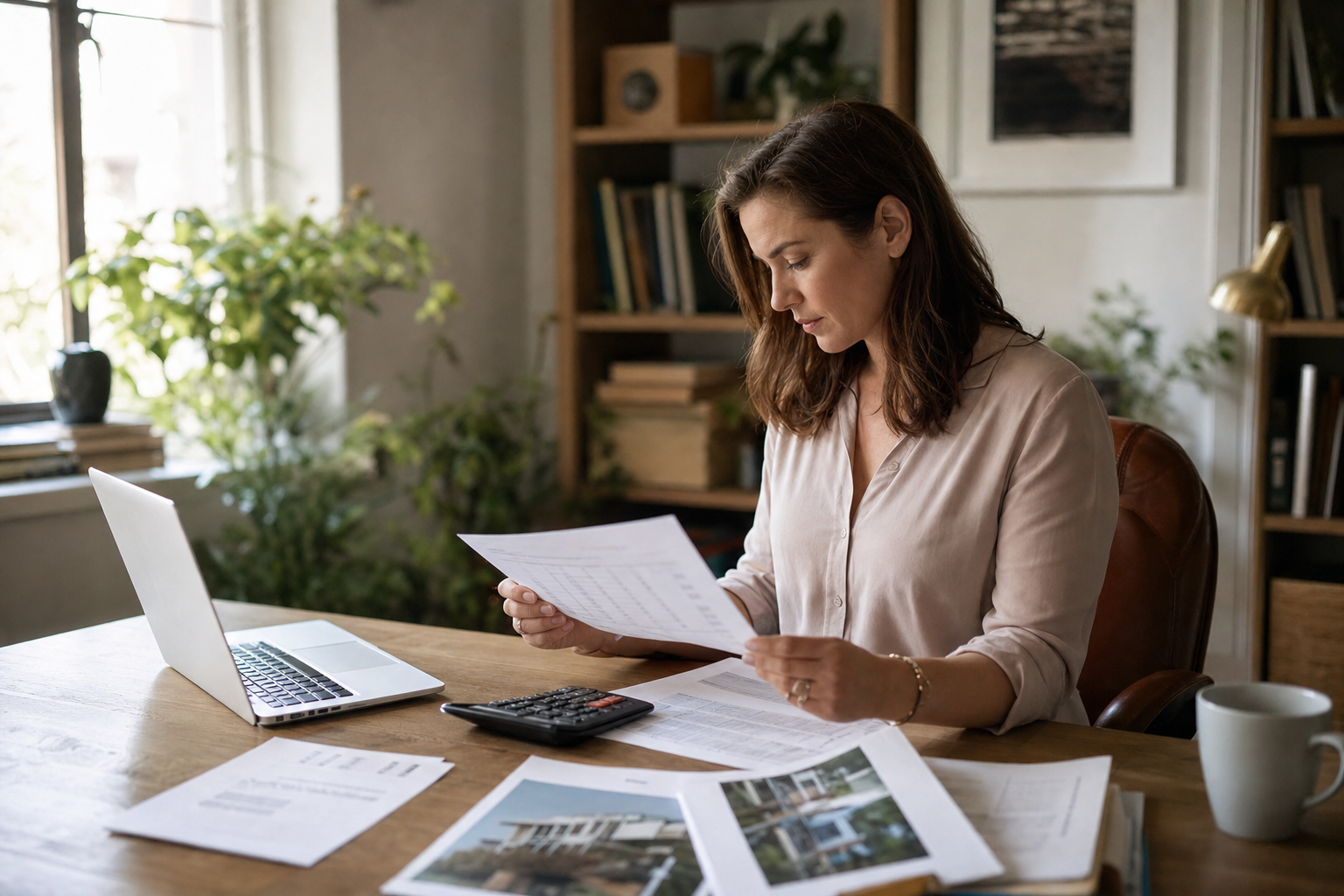 A photojournalistic scene showing someone at a home office desk reviewing tax documents and property appraisal papers. The person is seated at a wooden desk with organized financial statements, property valuation documents, and a calculator visible. Natural window lighting creates a warm, professional home office atmosphere. Shot from a natural human vantage point, mid-action, capturing a quiet moment of focused financial planning work. Neutral, thoughtful expression. No text or words visible in the image.