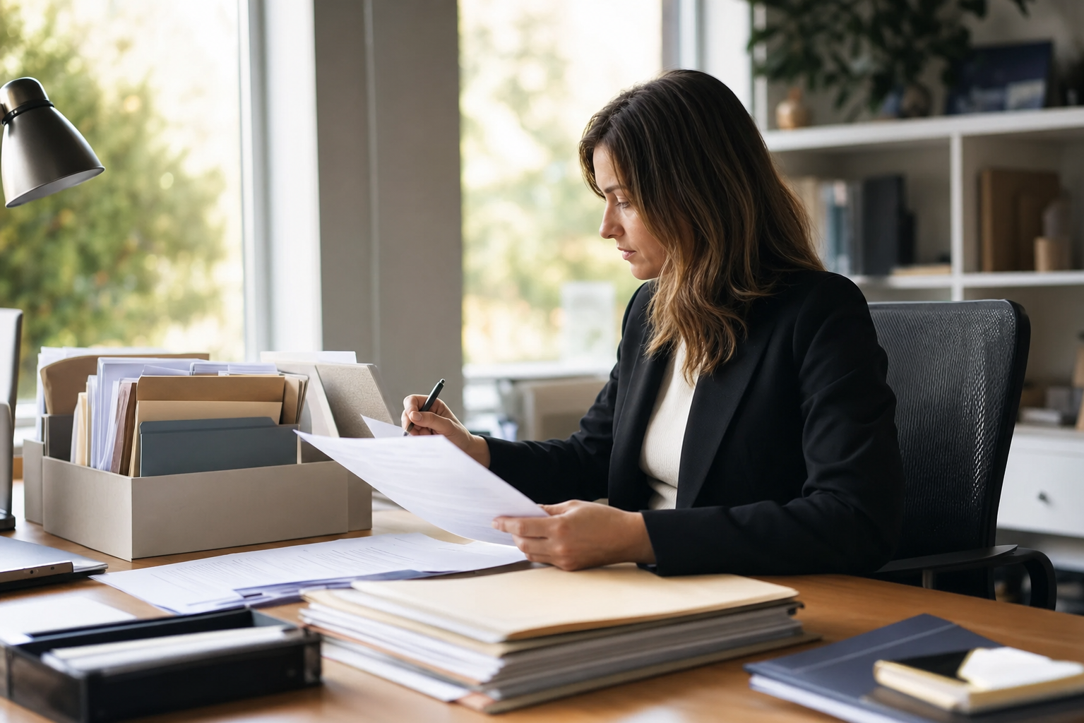 Professional person at organized desk working through estate documents and paperwork, multiple file folders and organized stacks of papers visible, person shown from side angle reviewing documents with focused concentration, natural office lighting, photojournalistic style, embedded real-life perspective, warm neutral tones, quiet professional atmosphere, mid-action shot of someone managing administrative work