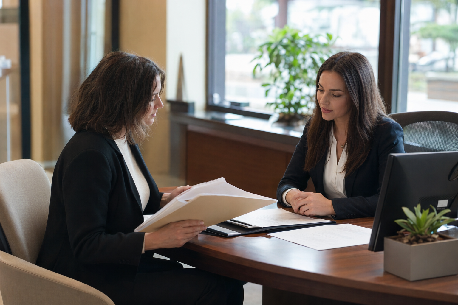 Photojournalistic view of a person sitting at a bank desk meeting with a bank officer, official documents and paperwork spread on the desk between them, the person is holding a folder with papers, natural office lighting from window, professional bank interior with wood desk, warm and composed atmosphere, shot from slight angle showing both people mid-conversation, unposed and real moment, neutral professional mood