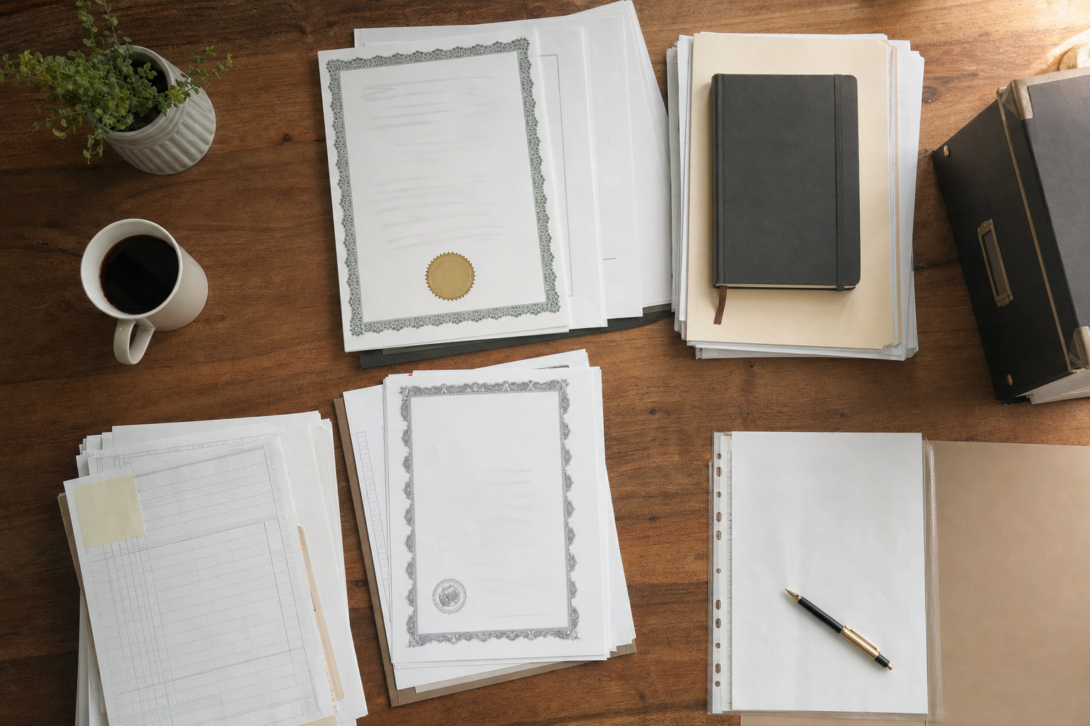 Overhead view of organized estate documents and legal paperwork spread neatly on a wooden desk surface, including property deeds, official certificates, and file folders. Photojournalistic style, natural office lighting from a window, warm and professional atmosphere. The documents should look real and authentic, shot from a natural bird's-eye vantage point as if someone is reviewing them. Muted, professional color palette with warm wood tones. No people visible, emphasis on the quiet reality of estate document organization and preparation. The scene should feel embedded in real life, unposed and naturally arranged.