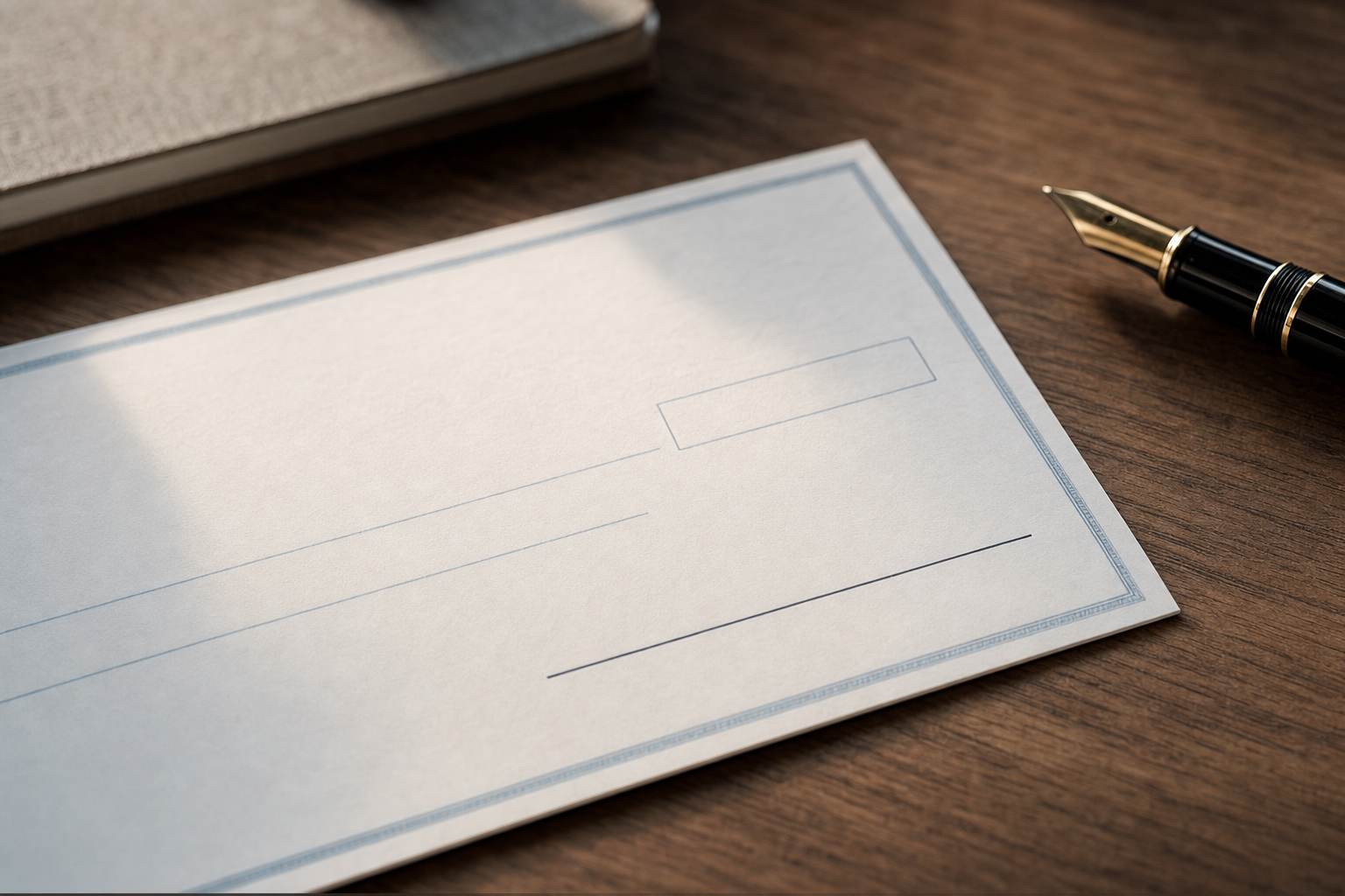 A close-up photojournalistic photo of a blank business check on a wooden desk, focused on the signature line at the bottom right corner. The check should be positioned at a natural angle with soft natural lighting from a window. The signature line should be clearly visible but empty. Include a professional fountain pen resting nearby on the desk. Warm, embedded documentary style photography with shallow depth of field. No text, words, or letters visible in the image.