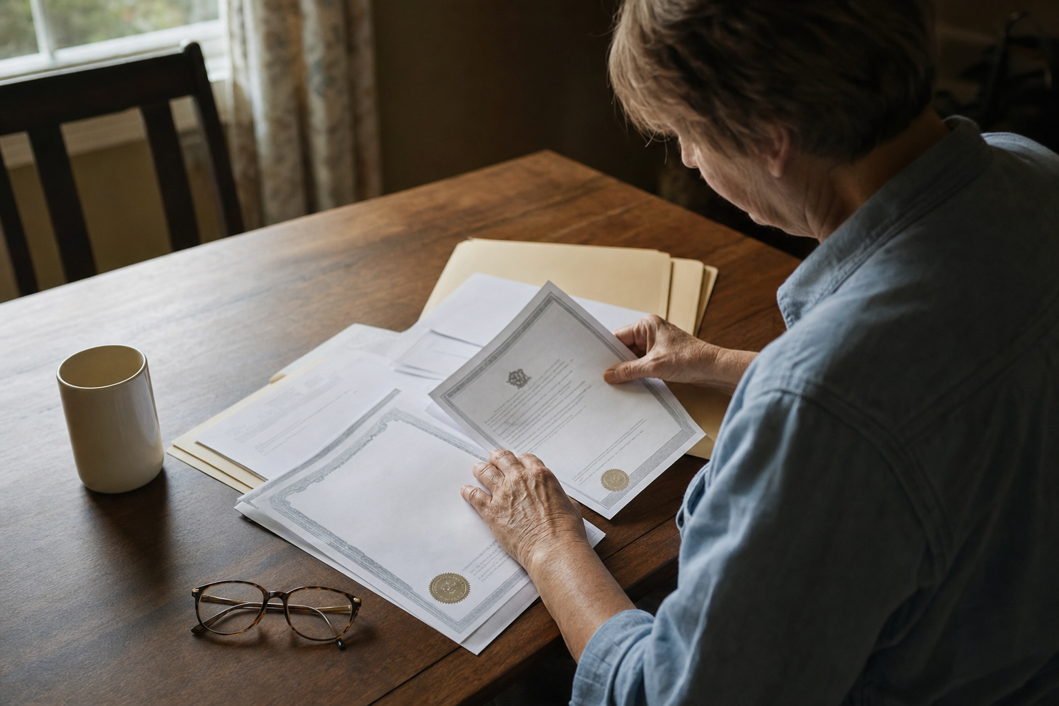 Photojournalistic view from slightly above and to the side, showing hands of a middle-aged person seated at a wooden dining table organizing estate settlement documents. On the table: a death certificate, notarized affidavit papers with official seals visible, a pen, reading glasses, and a manila folder. Natural window light from the left creates soft shadows. The person wears a casual button-up shirt. The scene feels quiet, methodical, and real—capturing the focused work of completing legal paperwork at home. Warm, muted color palette with documentary photography style.