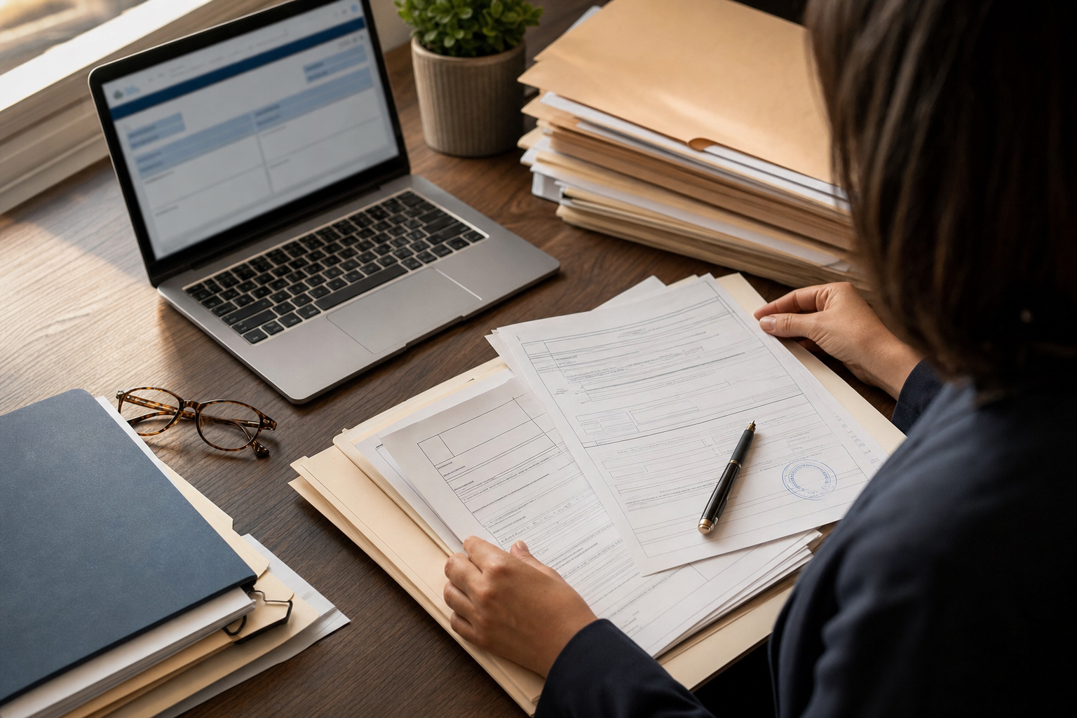 A photojournalistic scene of probate and legal filing coordination work, showing a wooden desk with organized legal documents including probate petition forms, court filing paperwork, estate inventory sheets, manila folders labeled with case numbers, a laptop computer open showing a court filing portal, reading glasses, a pen resting on official court documents with visible stamps and filing marks. Warm natural window lighting from the side, shot from a slight overhead angle as if someone is actively working through the probate process. Muted professional color palette with cream, tan, and navy tones, documentary photography style, realistic and grounded, quiet professionalism.