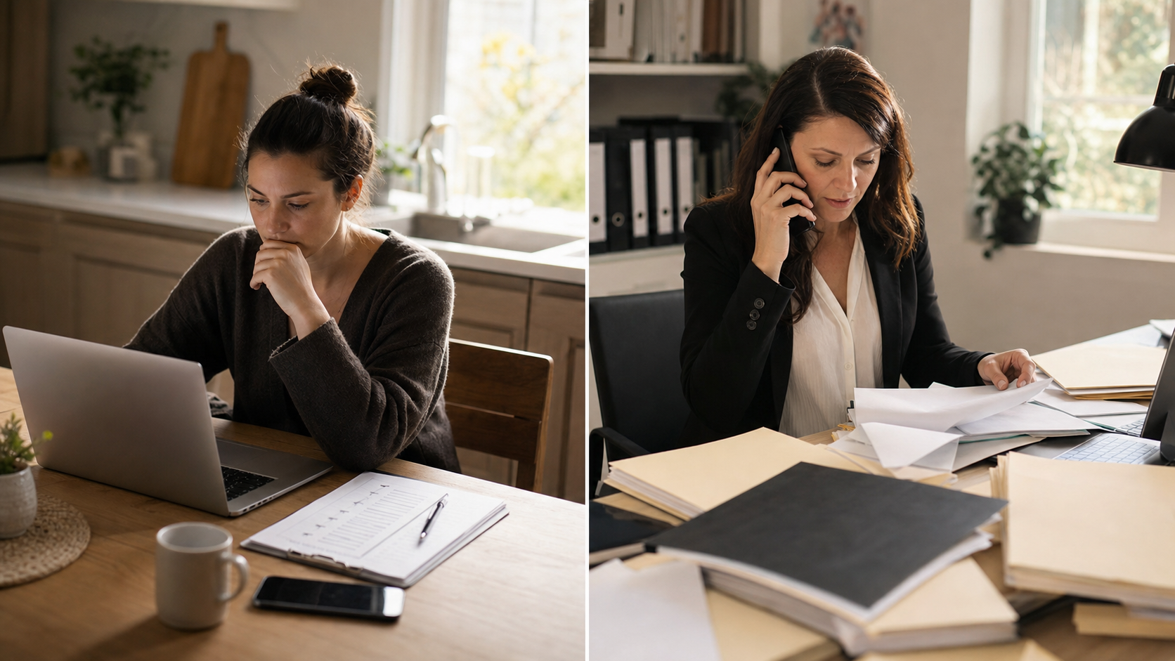 Split-screen comparison showing two contrasting approaches to estate work. Left side: a person sitting alone at a kitchen table with a laptop, checklist document, and smartphone, looking thoughtful while reading through digital guidance materials and task lists. Right side: a professional estate specialist actively coordinating work - on a phone call, with multiple open file folders, documents being organized, and papers being reviewed with focused activity. Natural lighting from windows, photojournalistic style, shot from a natural observer vantage point slightly elevated. Warm, realistic tones. The contrast shows solitary self-guided work versus active professional coordination. No text, words, or letters visible anywhere in the image.