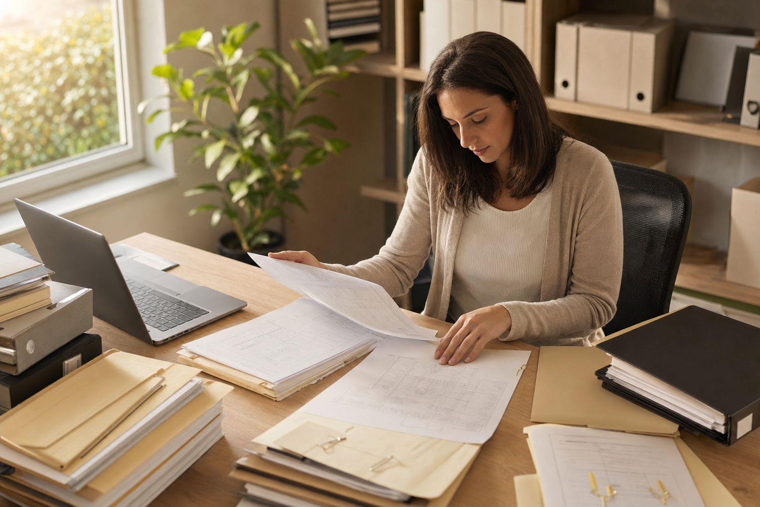 A professional estate specialist working at a desk with organized estate documents, file folders, property records, and financial paperwork spread methodically across the workspace. The scene shows coordinated settlement work with a laptop, organized binders, and stacked documents. Warm natural lighting, photojournalistic style, shot from a natural human vantage point showing the workspace from slightly above. The specialist is mid-action, reviewing documents with a focused, thoughtful expression. Neutral business casual attire. The atmosphere conveys competence, organization, and systematic coordination of complex administrative work.