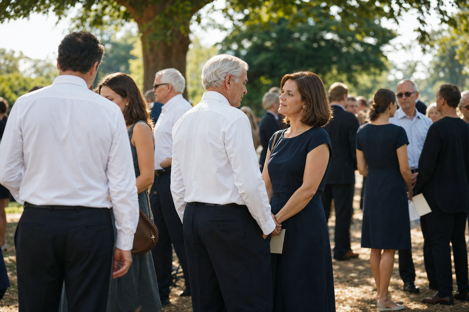 A photojournalistic scene showing people at an outdoor summer memorial service or viewing, dressed in respectful warm-weather attire - men in dark dress pants with light collared shirts, women in knee-length or midi dresses in breathable fabrics like linen in muted tones of navy, charcoal, and grey. Natural outdoor setting with soft warm lighting, people standing in small groups under shade, holding programs or speaking quietly. Shot from a natural human vantage point, unposed and candid, conveying quiet respect and thoughtful composure in summer heat. Stately and professional atmosphere.