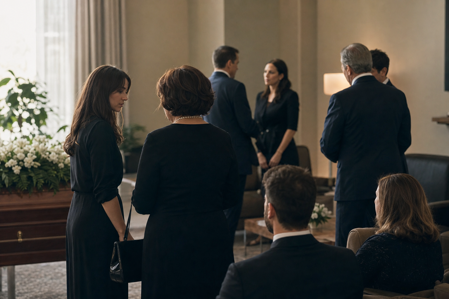 A photojournalistic scene inside a funeral home viewing room, showing people dressed in respectful semi-formal attire - dark suits, conservative dresses in muted tones like navy and charcoal. The setting is quiet and dignified with soft natural lighting. People are standing in small groups, some seated, in a thoughtful, composed manner. The scene is captured from a natural human vantage point, unposed and real, conveying stately professionalism and quiet respect. No text or words visible.