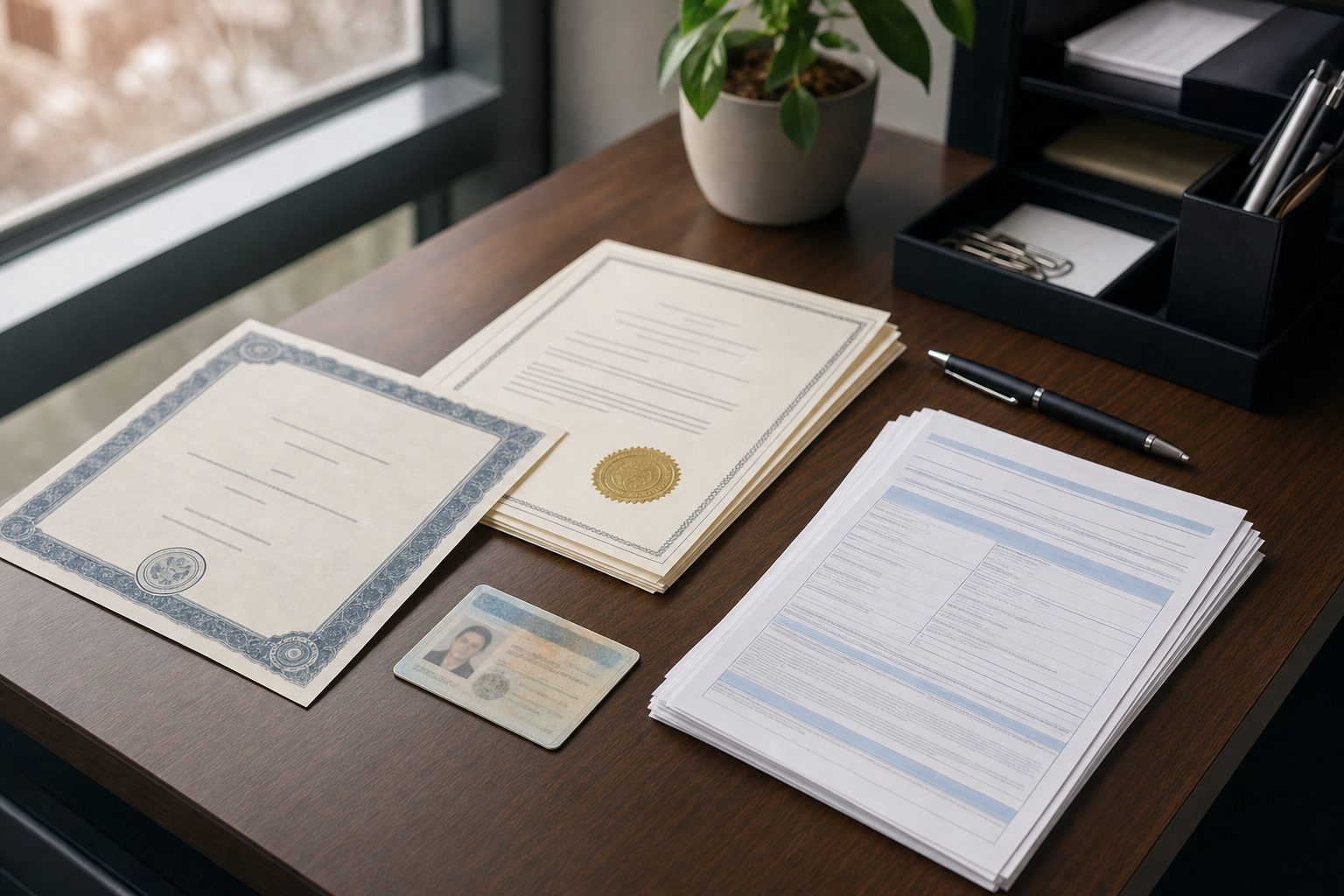 A clean, organized desk surface with official estate documents laid out in preparation for opening a bank account: certified death certificate, court appointment letters with official seal, government-issued photo ID, and a stack of banking forms. Soft natural light from a window, professional office environment, photojournalistic style, warm and composed atmosphere. No people visible, focus on the documents as objects of careful preparation.