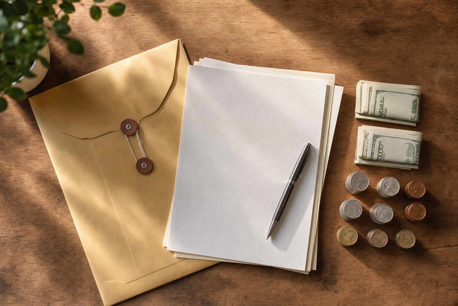 Overhead flat-lay of a wooden desk with a manila envelope labeled with a seal, a small stack of legal documents, a pen, and neatly organized piles of coins and folded bills beside them, warm natural light, photojournalistic style, no people, calm and professional atmosphere, no text or words anywhere in the image