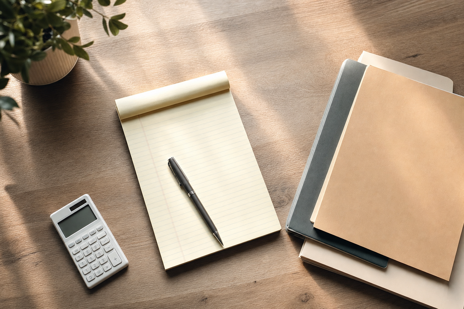 A clean, professional flat-lay overhead shot of a wooden desk with a legal notepad, a pen, a small calculator, and a few neatly stacked document folders, warm natural light casting soft shadows, photojournalistic style, no people, calm and organized atmosphere