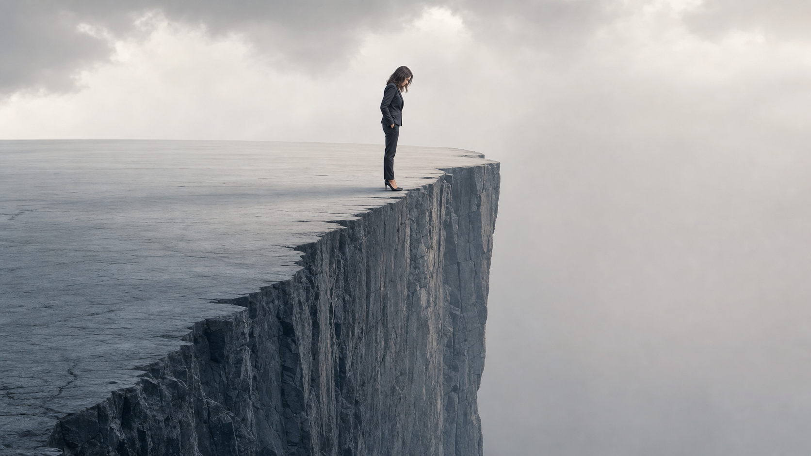 A dramatic visual metaphor of a financial cliff edge, showing a smooth flat plateau that drops sharply into a steep vertical cliff face, rendered as a clean minimalist diagram in muted blues and grays, with a small figure of a professional person in business attire standing near the edge looking down, photorealistic lighting, no text or labels anywhere