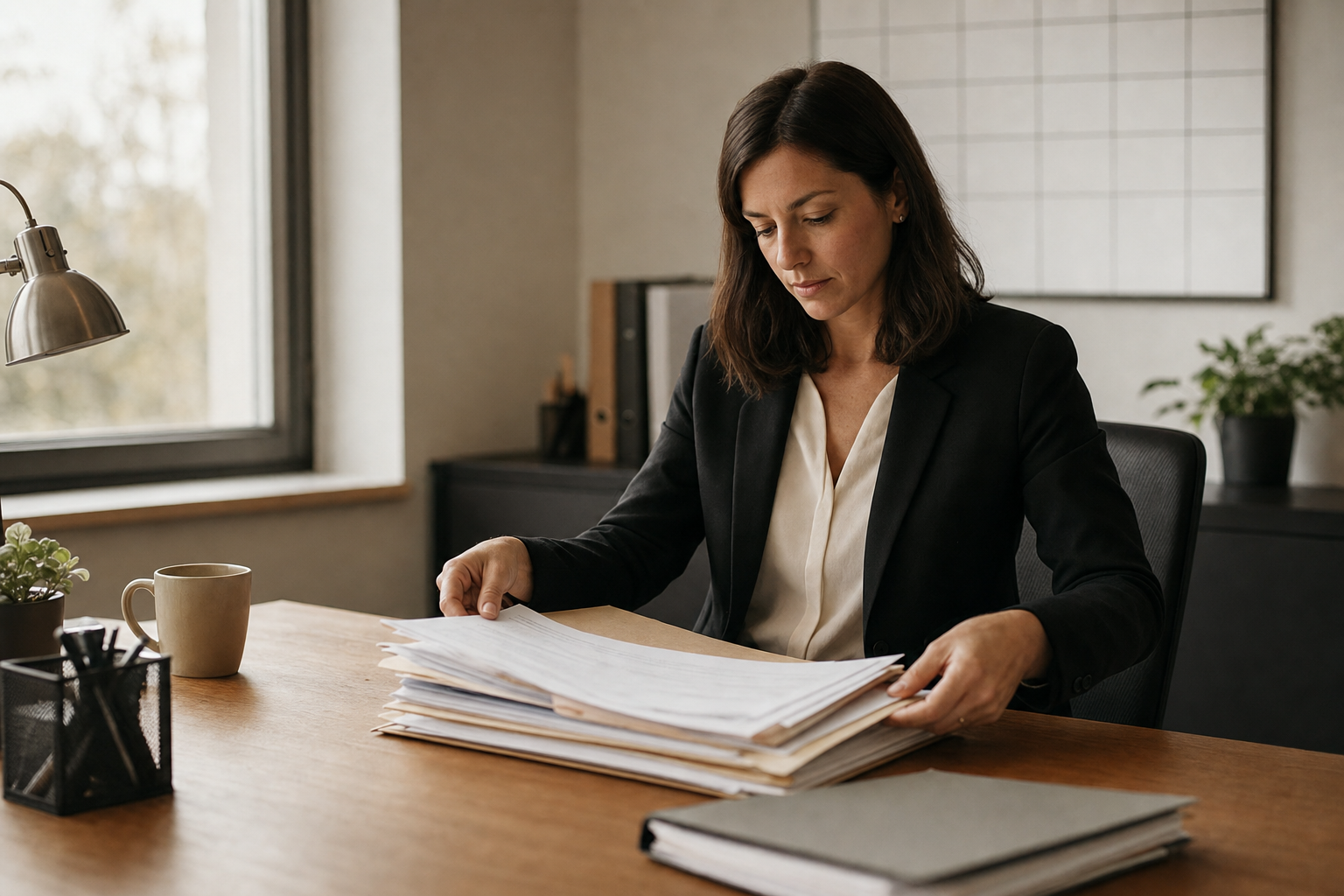 A professional person sitting at a clean wooden desk carefully organizing a stack of official-looking documents and folders, with a calendar visible on the wall behind them, warm natural light coming through a nearby window, photojournalistic style, mid-action, hands actively sorting papers, neutral and focused expression, no text or labels visible anywhere, muted warm tones, stately and composed atmosphere