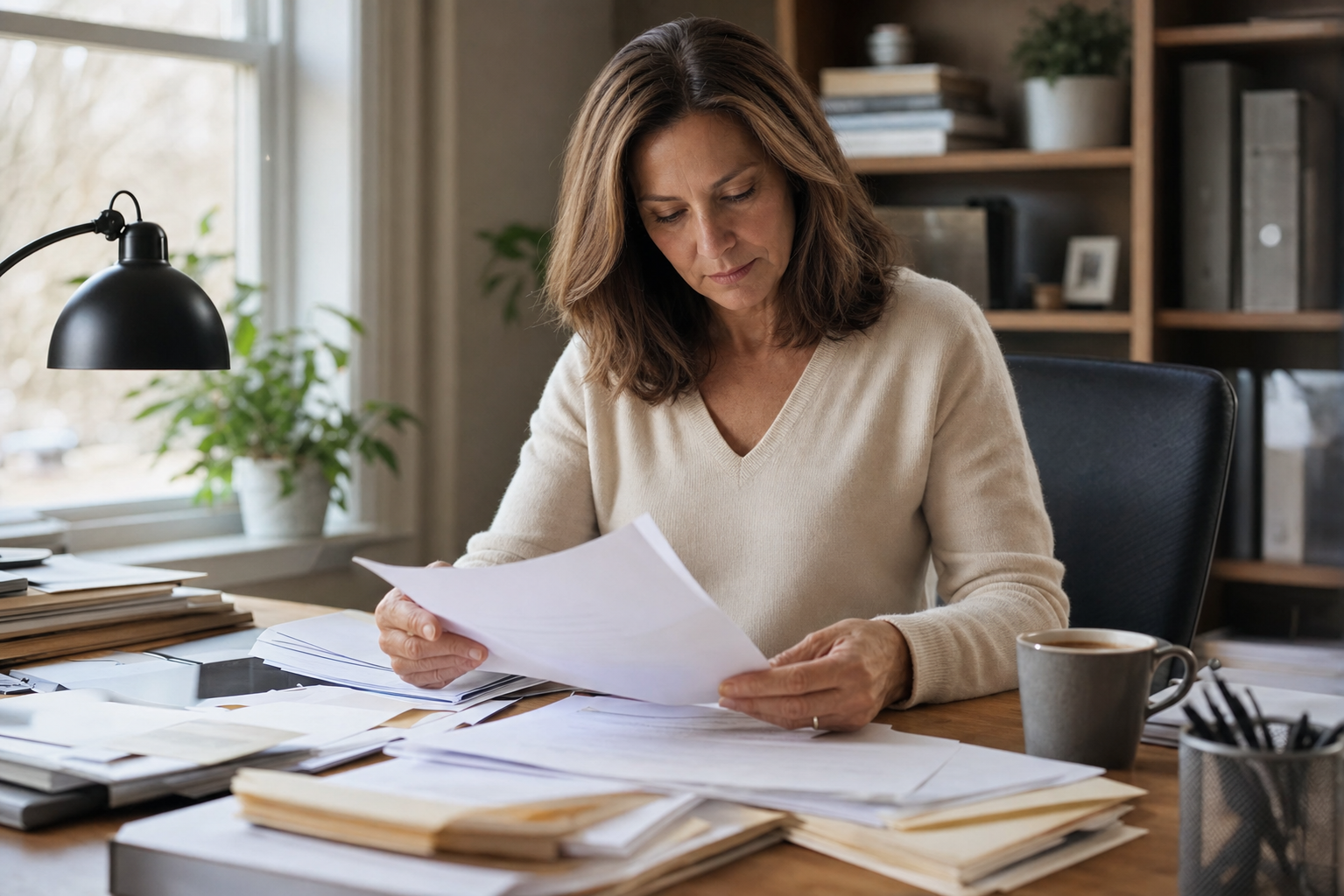 A middle-aged person sitting at a wooden desk in a quiet home office, reviewing a stack of legal documents and papers spread across the desk, natural window light illuminating the scene, a cup of coffee nearby, hands turning pages thoughtfully, warm and composed atmosphere, photojournalistic style, no text or writing visible