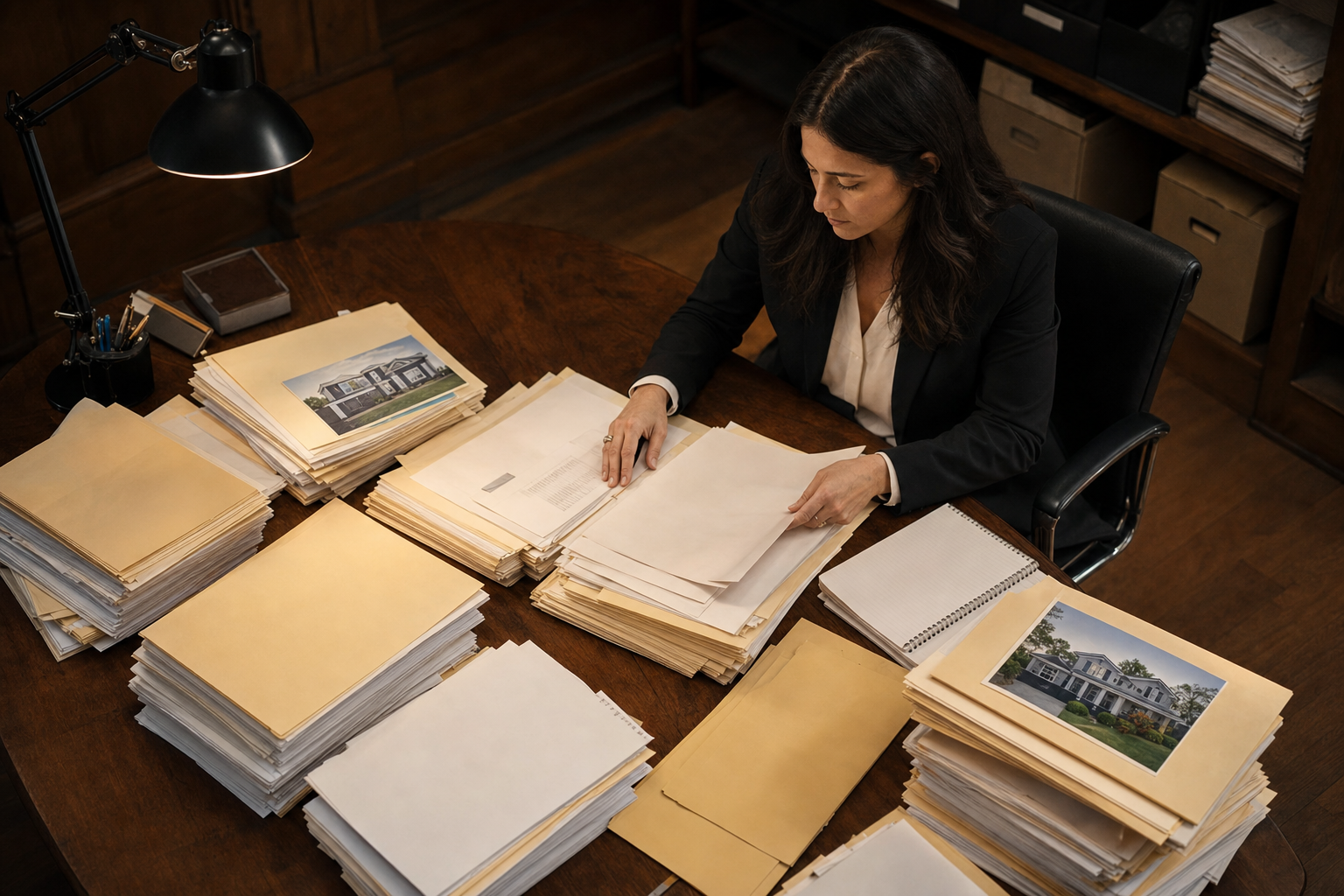 A professional executor or administrator sitting at a large wooden table covered with organized stacks of legal folders, financial documents, property files, and manila envelopes, overhead warm office lighting, hands sorting through papers methodically, a notepad with handwritten notes nearby, calm and focused atmosphere, photojournalistic style, no text or writing visible on any surface