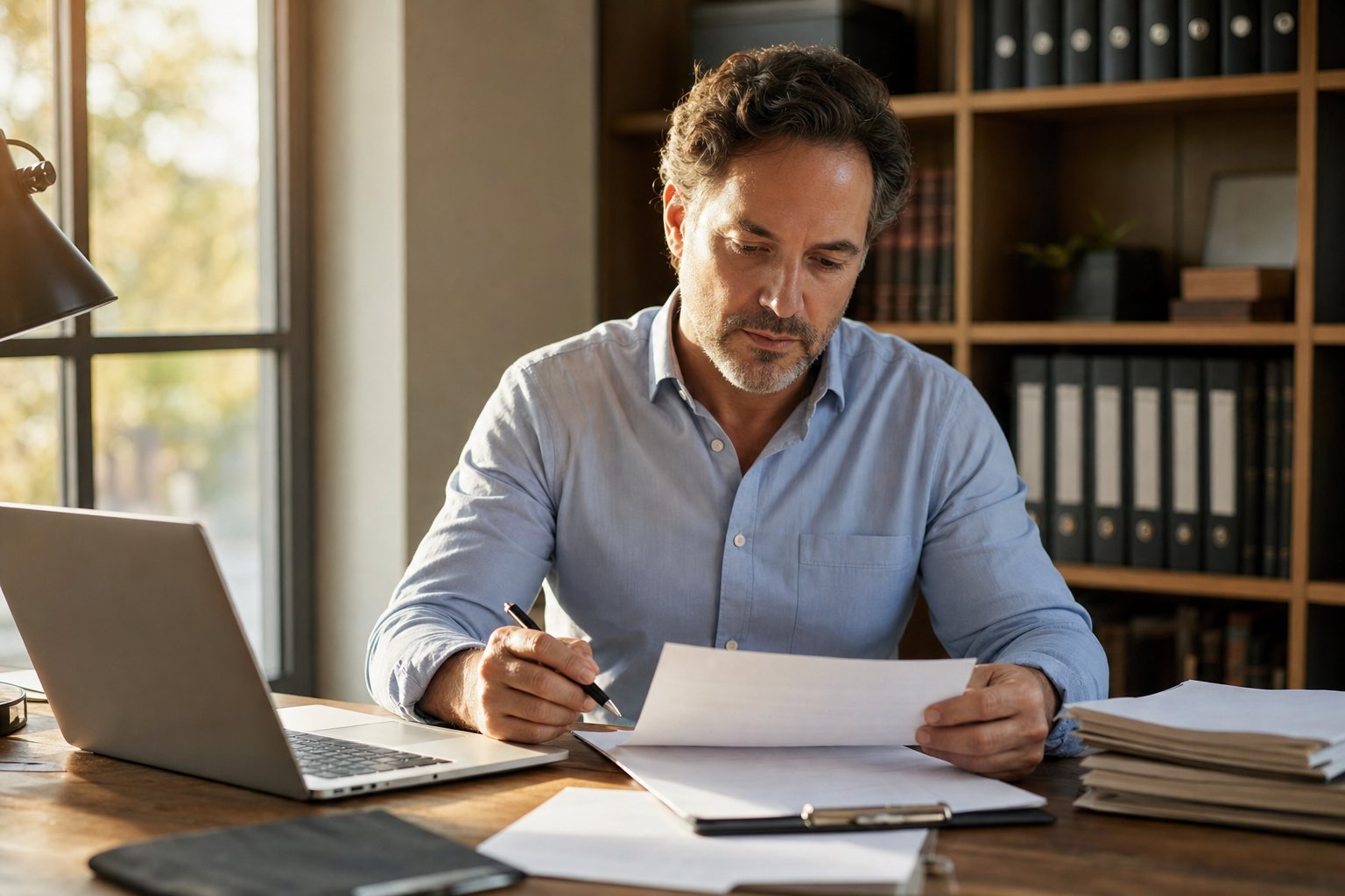 A middle-aged person sitting at a wooden desk reviewing official-looking documents and paperwork, a pen in hand, warm natural light coming through a window, a laptop open nearby, bookshelves in the background with legal binders, photojournalistic style, quiet and focused atmosphere, no text or writing visible