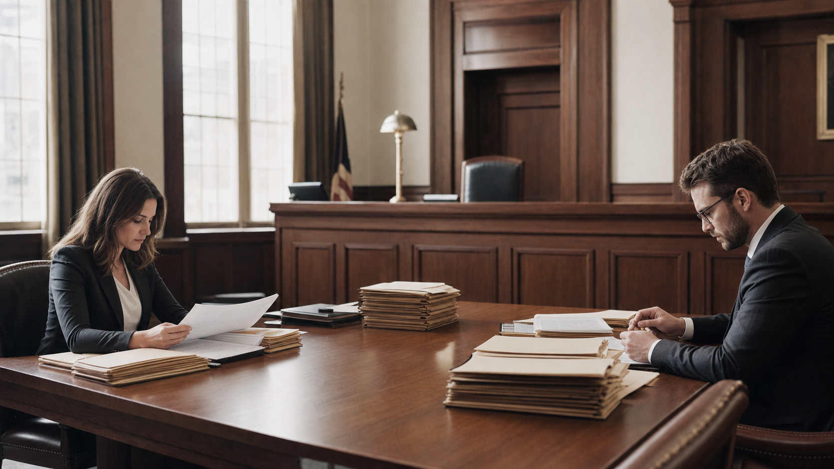 A formal courtroom or legal office setting viewed from a wide angle, a wooden judge's bench in the background, stacks of manila folders and legal documents on a large table in the foreground, natural light filtering through tall windows, two people seated at opposite ends of the table reviewing paperwork, photojournalistic style, muted warm tones, serious and composed atmosphere, no signage or writing visible