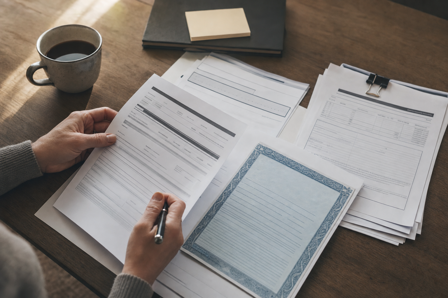 A photojournalistic image of hands reviewing automotive loan documents and financial paperwork on a wooden desk, with a vehicle title document visible among the papers. Natural window lighting from the side creates warm, professional atmosphere. Shot from a natural overhead angle as if the viewer is standing at the desk. Papers are arranged in organized stacks showing loan statements and lien release forms. Muted, professional color palette. The scene should feel real and unposed, capturing a quiet moment of financial review and estate settlement work.
