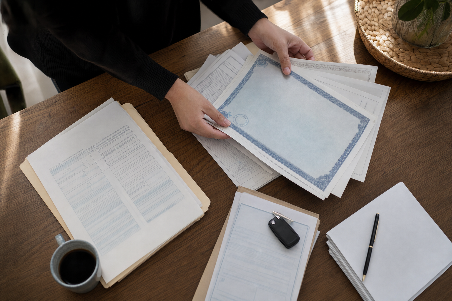 A photojournalistic image of hands organizing estate settlement documents on a wooden desk surface, showing a certified death certificate, vehicle title paperwork, and DMV forms arranged in careful stacks. Natural window lighting from the side, warm and composed atmosphere. Shot from a natural overhead angle as if the viewer is standing at the desk. Muted, professional color palette. The scene should feel real and unposed, capturing a quiet moment of administrative work.