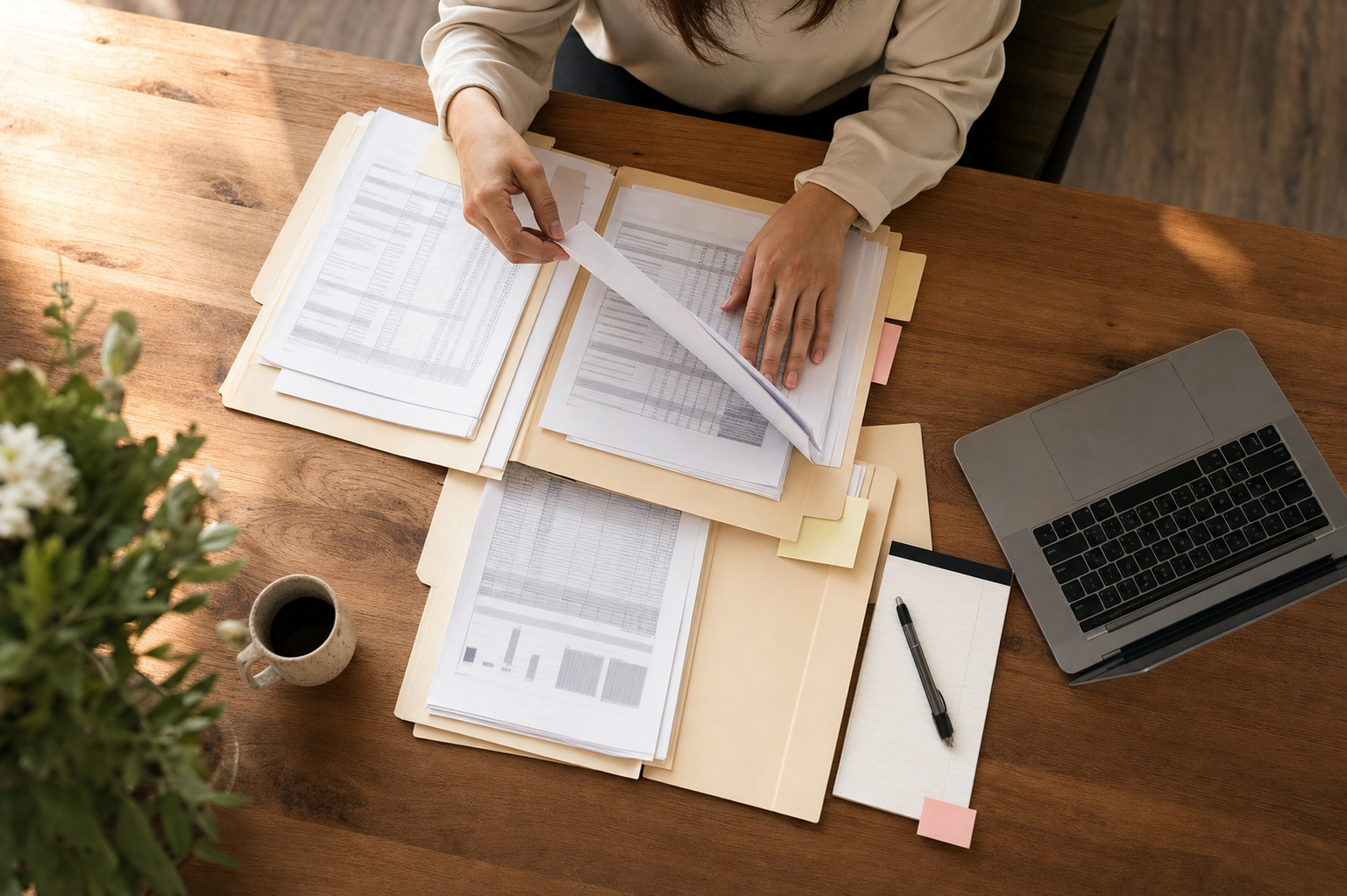 A wide wooden desk viewed from above, with multiple open manila folders spread out, each containing printed documents and spreadsheets. A person's hands are visible sorting through papers. A laptop is open to one side, a pen rests on a notepad with handwritten notes, and sticky notes are attached to folder edges. Warm natural office light, photojournalistic style, organized but clearly mid-process, no text visible on any documents.