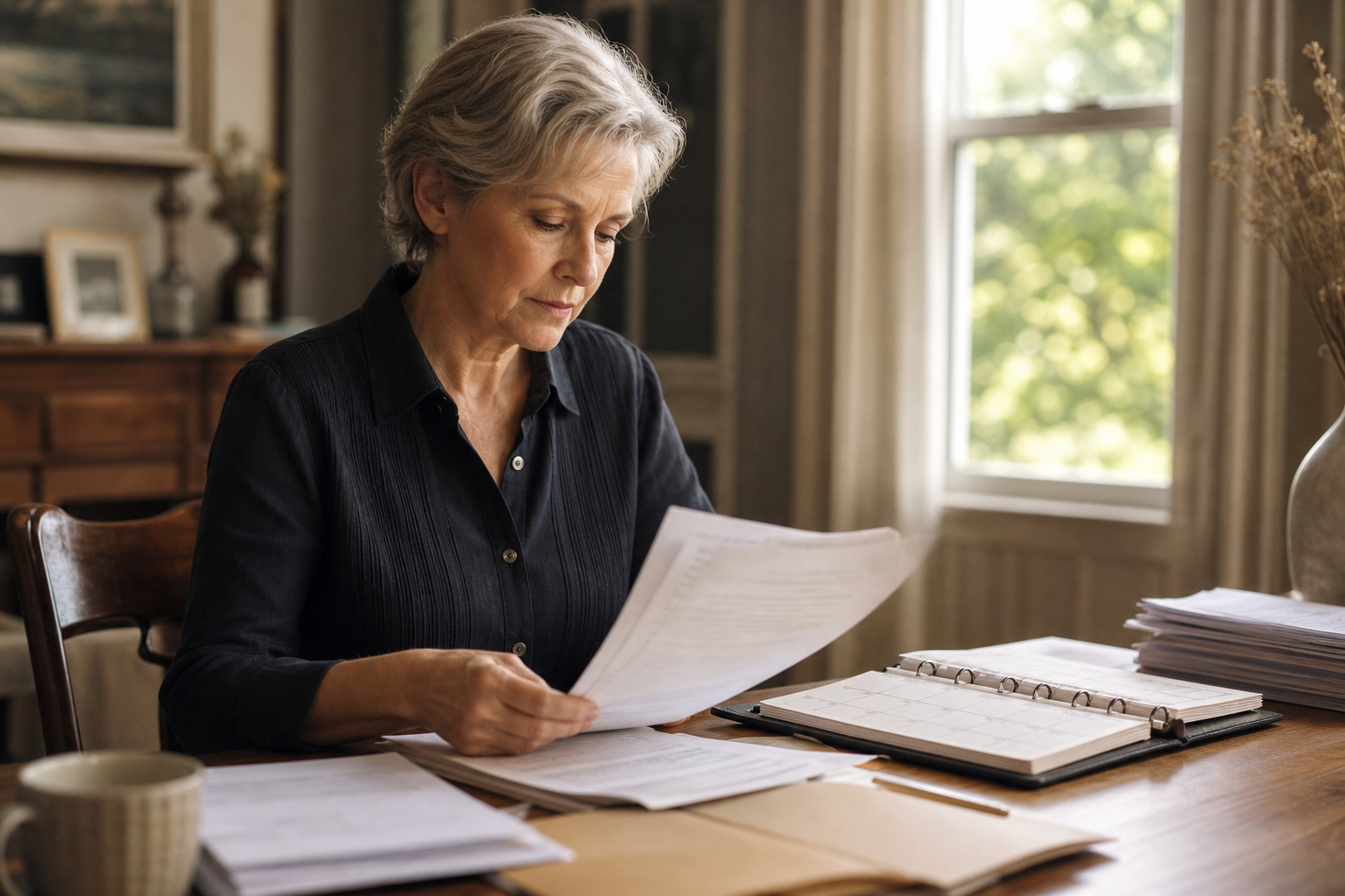 A professional executor sitting at a wooden desk reviewing estate documents and legal papers, with a calendar open nearby, natural window light illuminating the scene, photojournalistic style, warm tones, person mid-action looking at papers, no text or words visible anywhere in the image