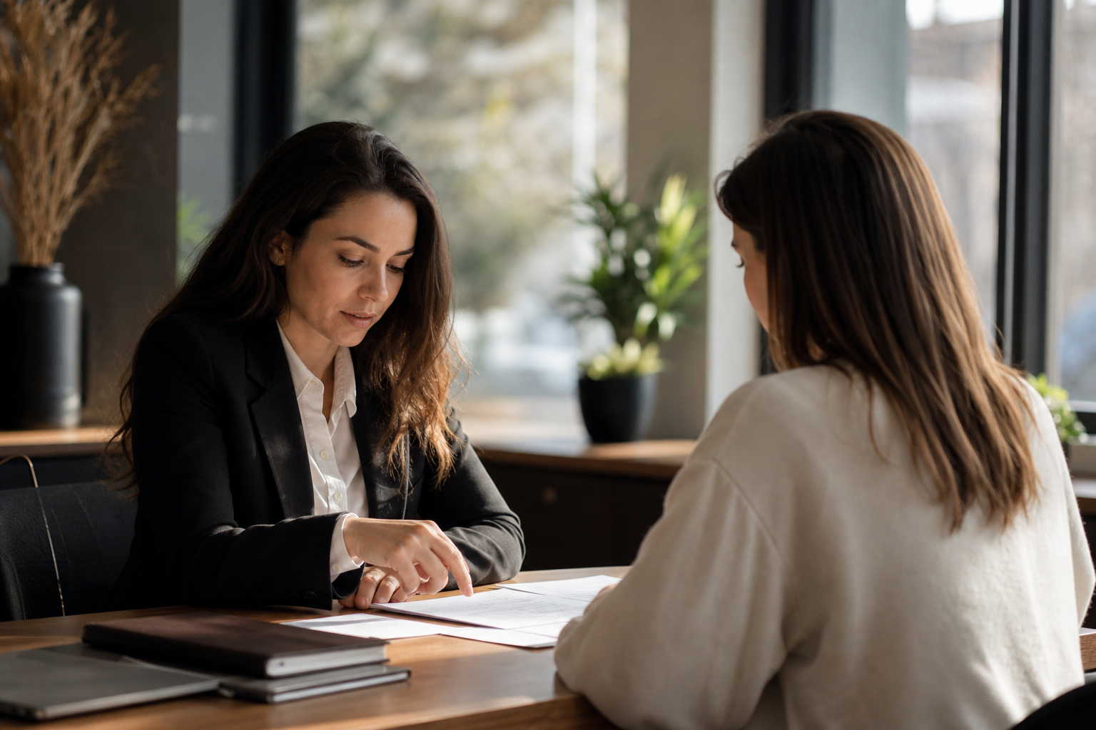 A focused professional in business attire sitting across a desk from an advisor, both looking attentively at documents spread on the table between them, natural window light casting soft shadows, warm and quiet office environment, photojournalistic style, candid mid-conversation moment, no text or signage visible