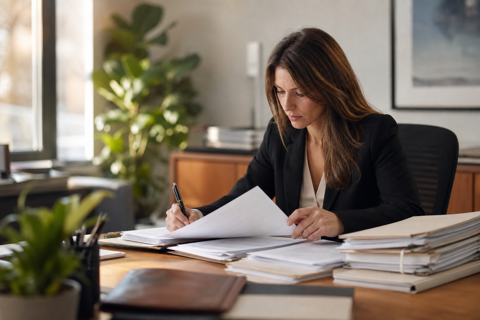 A professional person sitting at a wooden desk reviewing a large stack of official legal documents and folders, pen in hand, organized papers spread out neatly in front of them, warm natural light coming through a window, calm and focused atmosphere, photojournalistic style, no text or writing visible