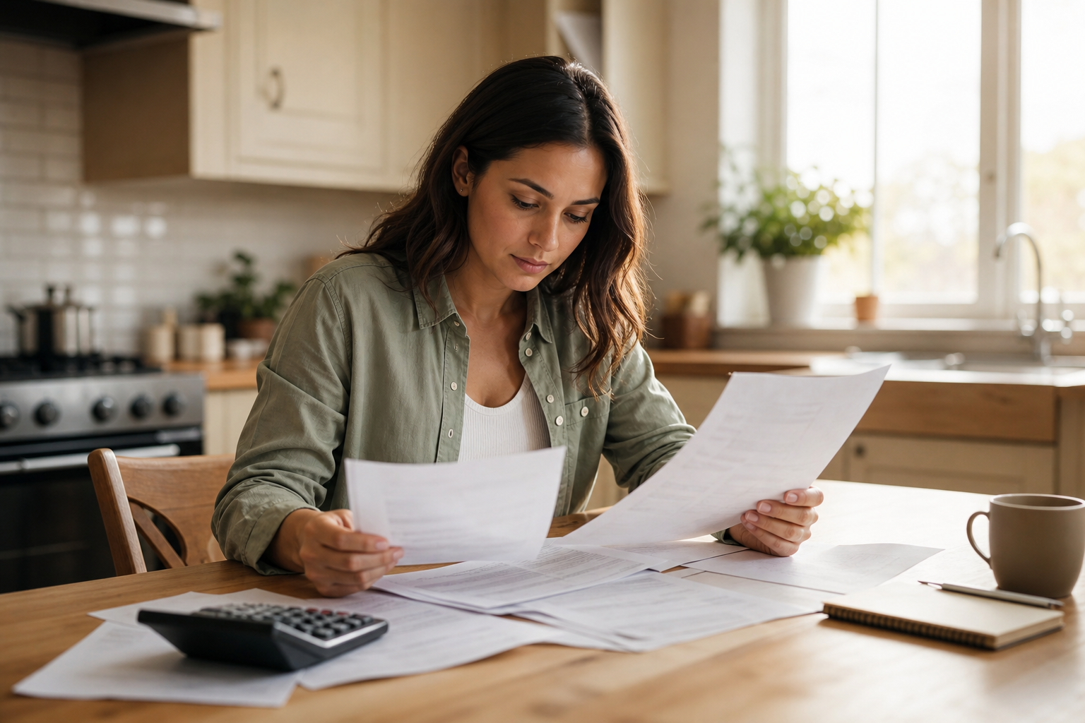 A person sitting at a kitchen table with financial documents spread out, reviewing papers with a focused expression, warm natural light coming through a window, a calculator and a notepad nearby, photojournalistic style, neutral thoughtful expression, no text or writing visible on any documents