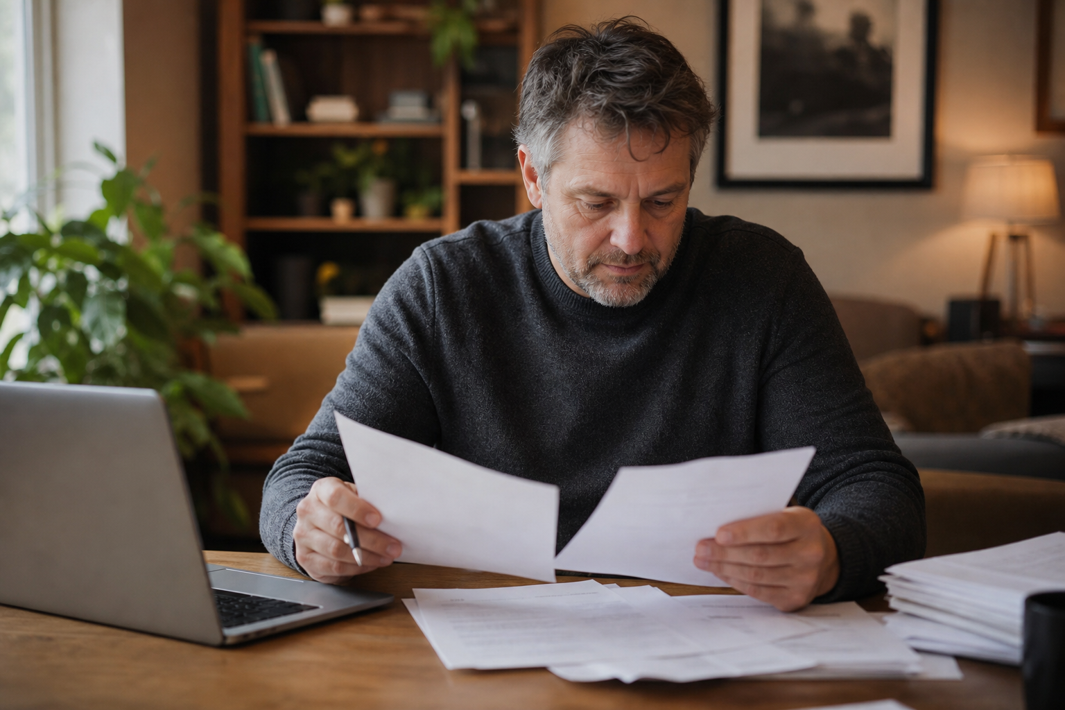 A middle-aged person sitting at a wooden desk reviewing a stack of official-looking documents and papers, a pen in hand, with a laptop open nearby showing financial figures, warm indoor lighting, photojournalistic style, neutral thoughtful expression, no text or writing visible on any documents