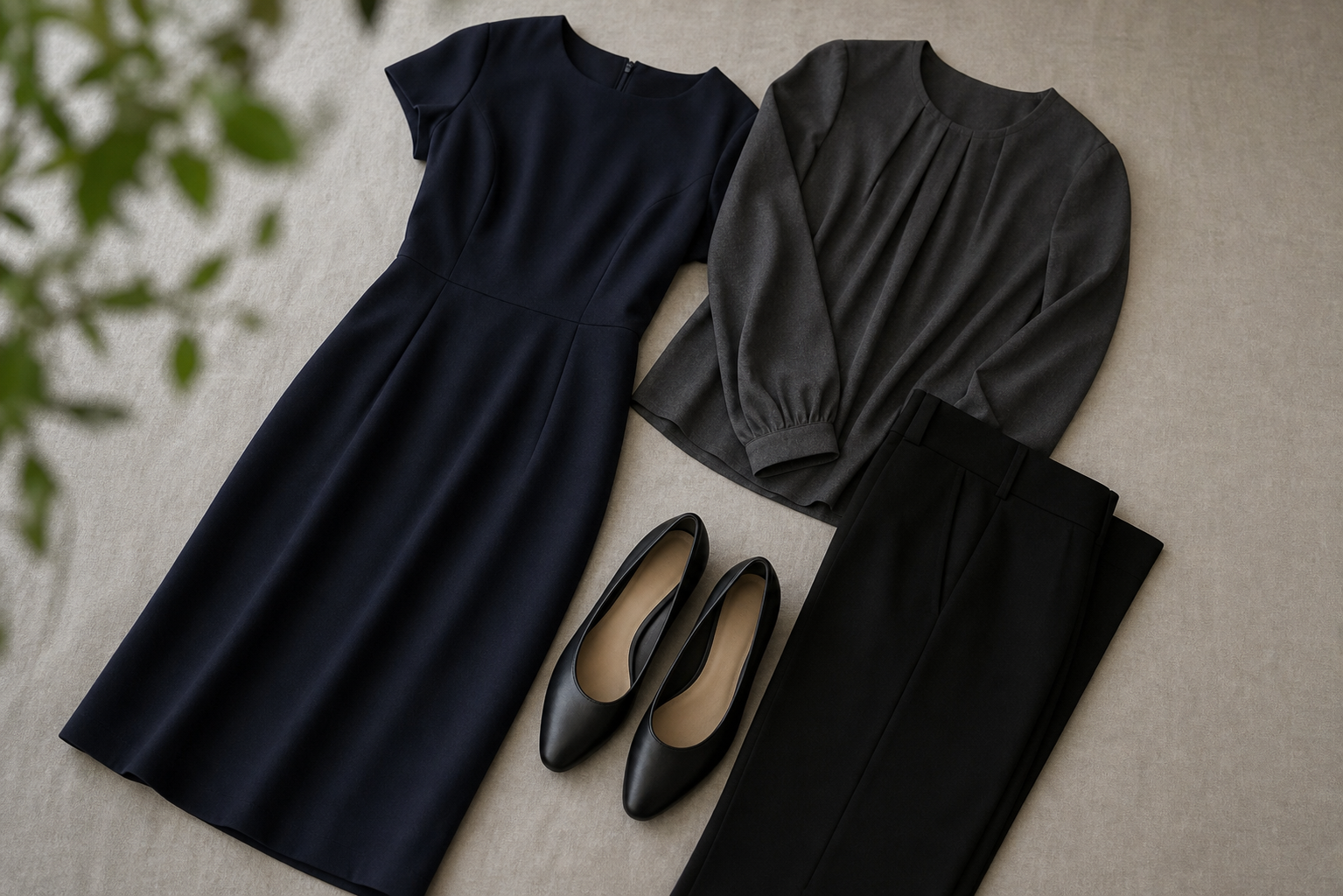 A neatly arranged selection of women's wake attire laid flat on a neutral surface: a dark navy midi dress, a charcoal blouse, black tailored trousers, and simple closed-toe flats in black, all in muted subdued tones, soft natural lighting, photojournalistic style, no text or labels