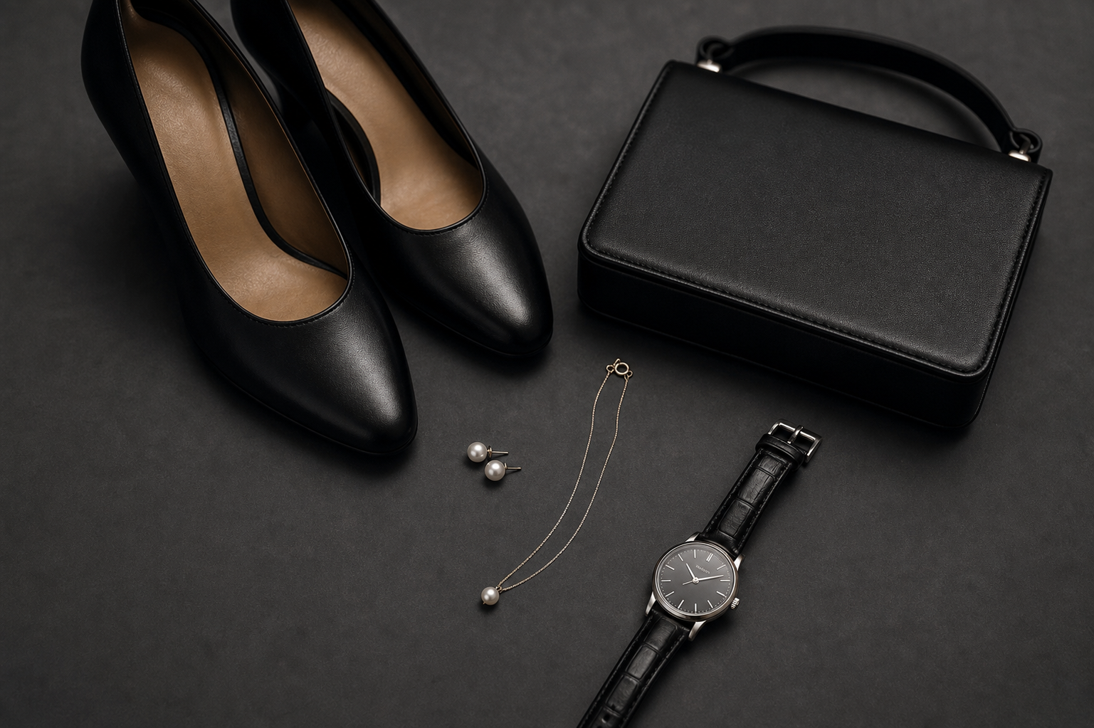 A neatly arranged flat lay on a neutral dark surface showing wake-appropriate accessories and footwear: a pair of polished black closed-toe low heels, simple pearl stud earrings, a thin delicate necklace, a small structured black handbag, and a classic men's dress watch, all arranged with quiet elegance, soft directional lighting, photojournalistic style, no text or labels