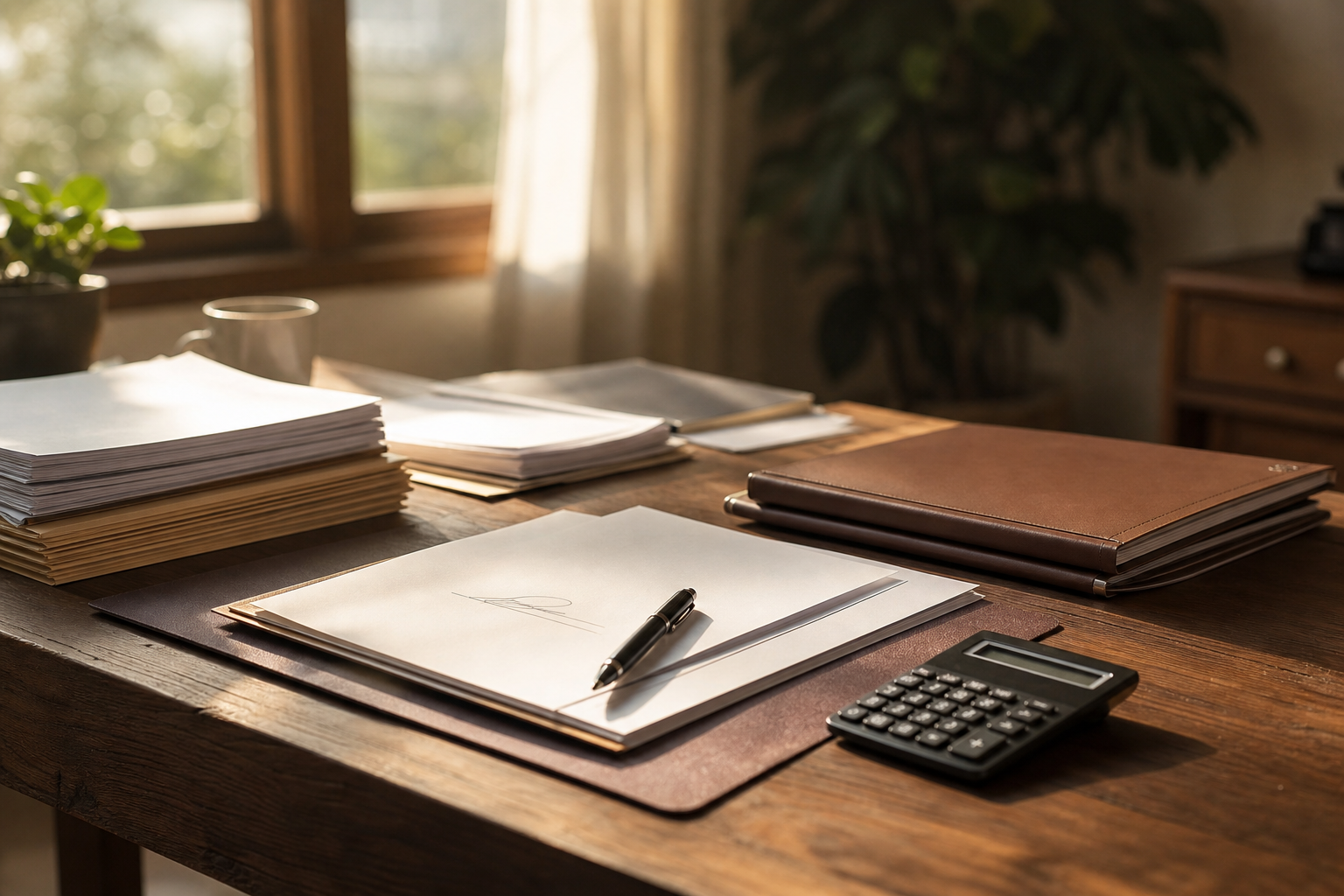 A professional, photojournalistic scene of an organized wooden desk with neatly stacked paper documents, a formal legal folder, a pen resting on a signed form, and a small calculator beside it — warm natural light coming through a window, quiet and composed atmosphere, no people visible, no text or labels anywhere