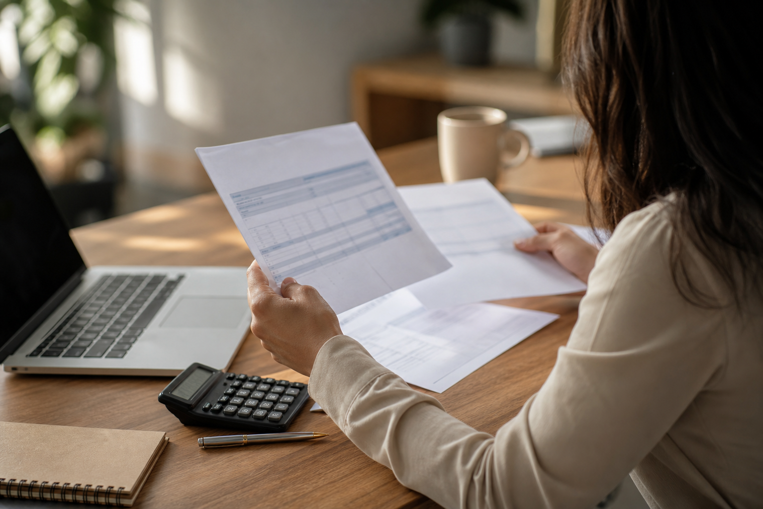 A photojournalistic scene of a person sitting at a wooden desk reviewing financial documents and a tax form, natural window light illuminating the papers, a calculator and pen nearby, calm and composed atmosphere, no people's faces visible, warm tones, professional setting, no text or numbers visible on any documents