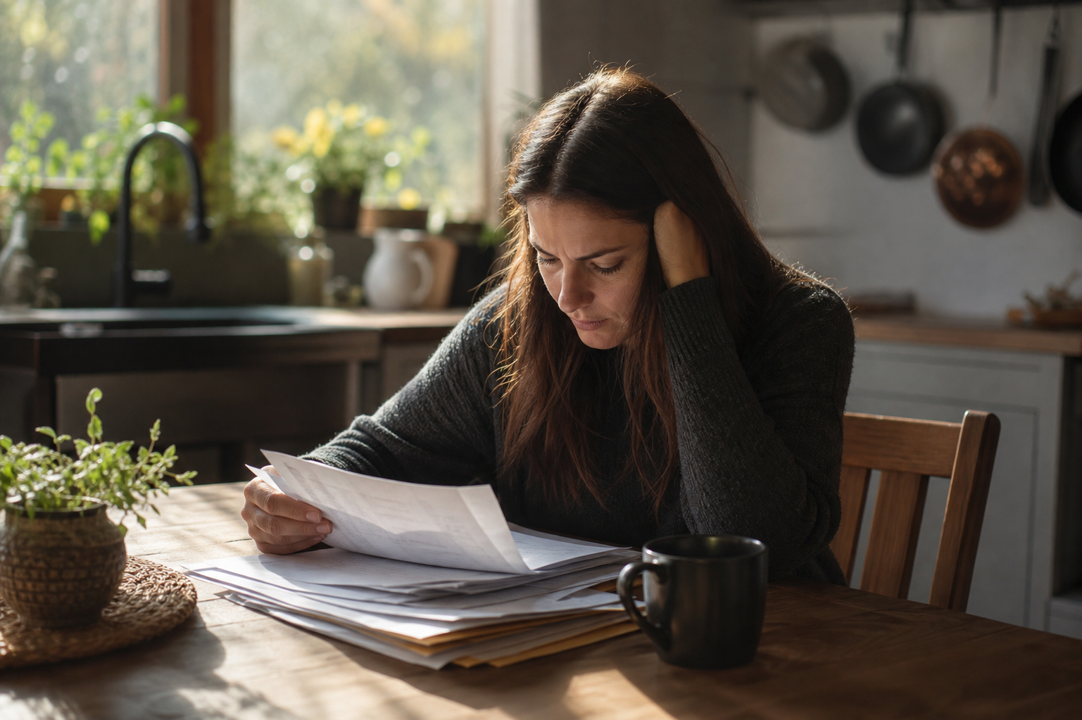 A person sitting at a wooden kitchen table, carefully reviewing a stack of official-looking papers and folders, a cup of coffee nearby, warm natural light coming through a window, photojournalistic style, quiet and contemplative mood, mid-action, unposed, no text or words visible anywhere